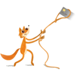 cartoon orange fox chasing credit card in the sky
