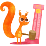 cartoon orange squirrel hitting a hammer and getting a score of 900