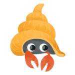 cartoon hermit crab with yellow shell, orange claws and big eyes