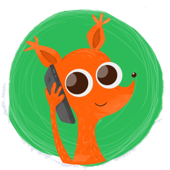 cartoon orange squirrel talking on the phone with a green background