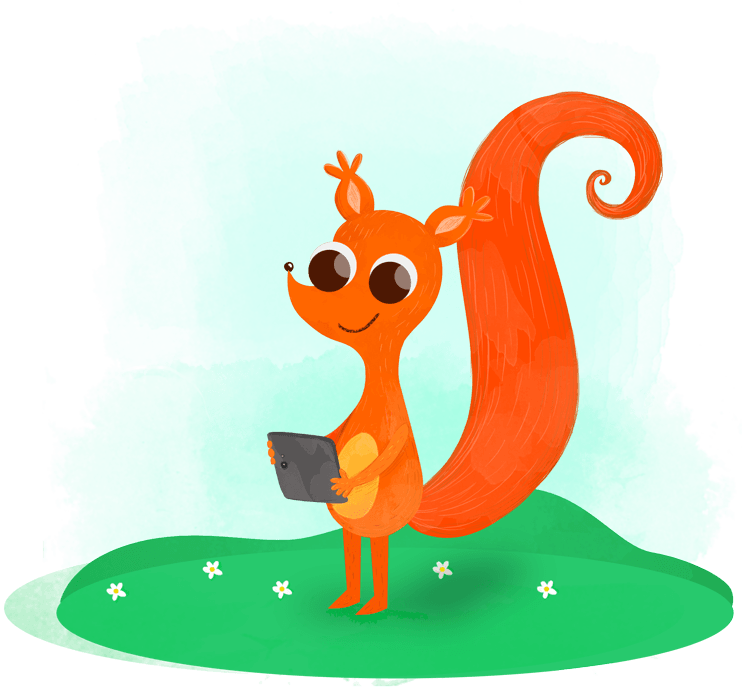 cartoon orange squirrel with tablet standing on green grass